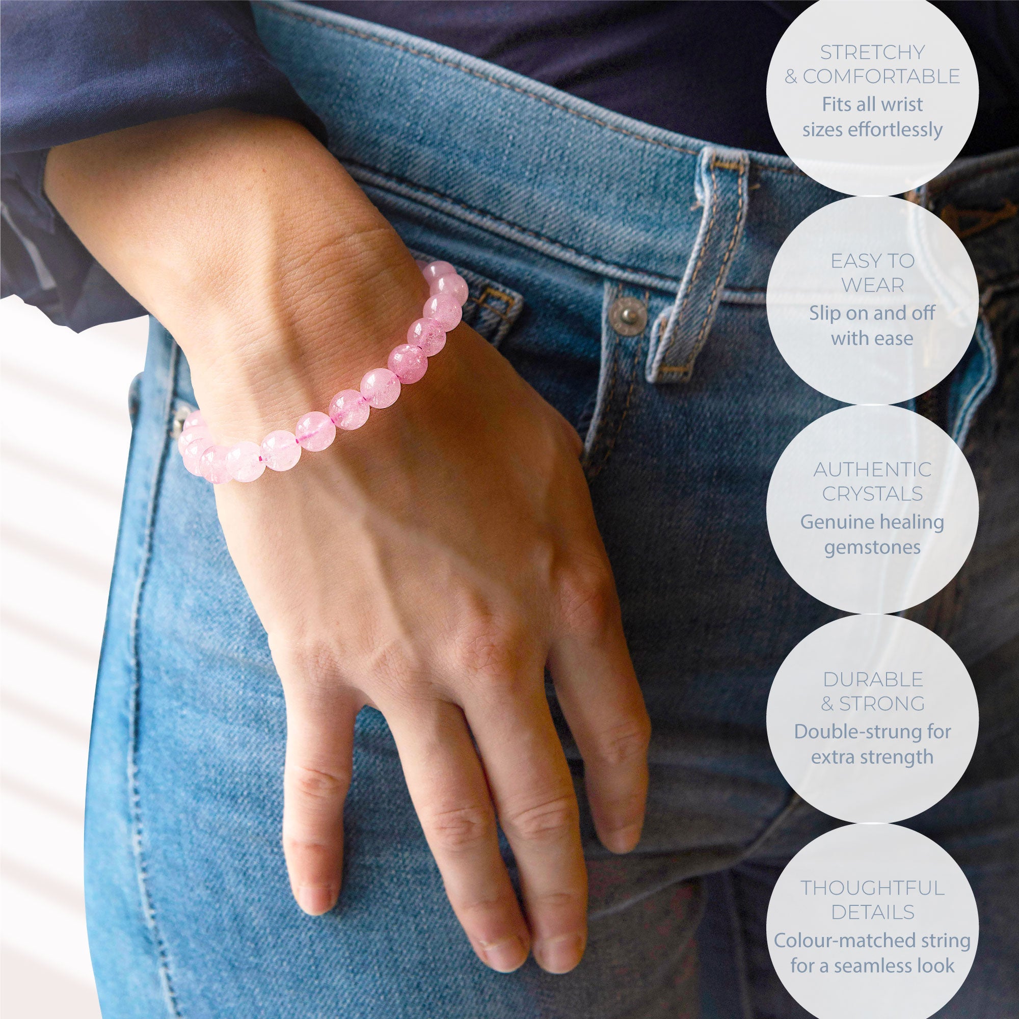 HEALING ROSE QUARTZ BEAD BRACELET 8MM