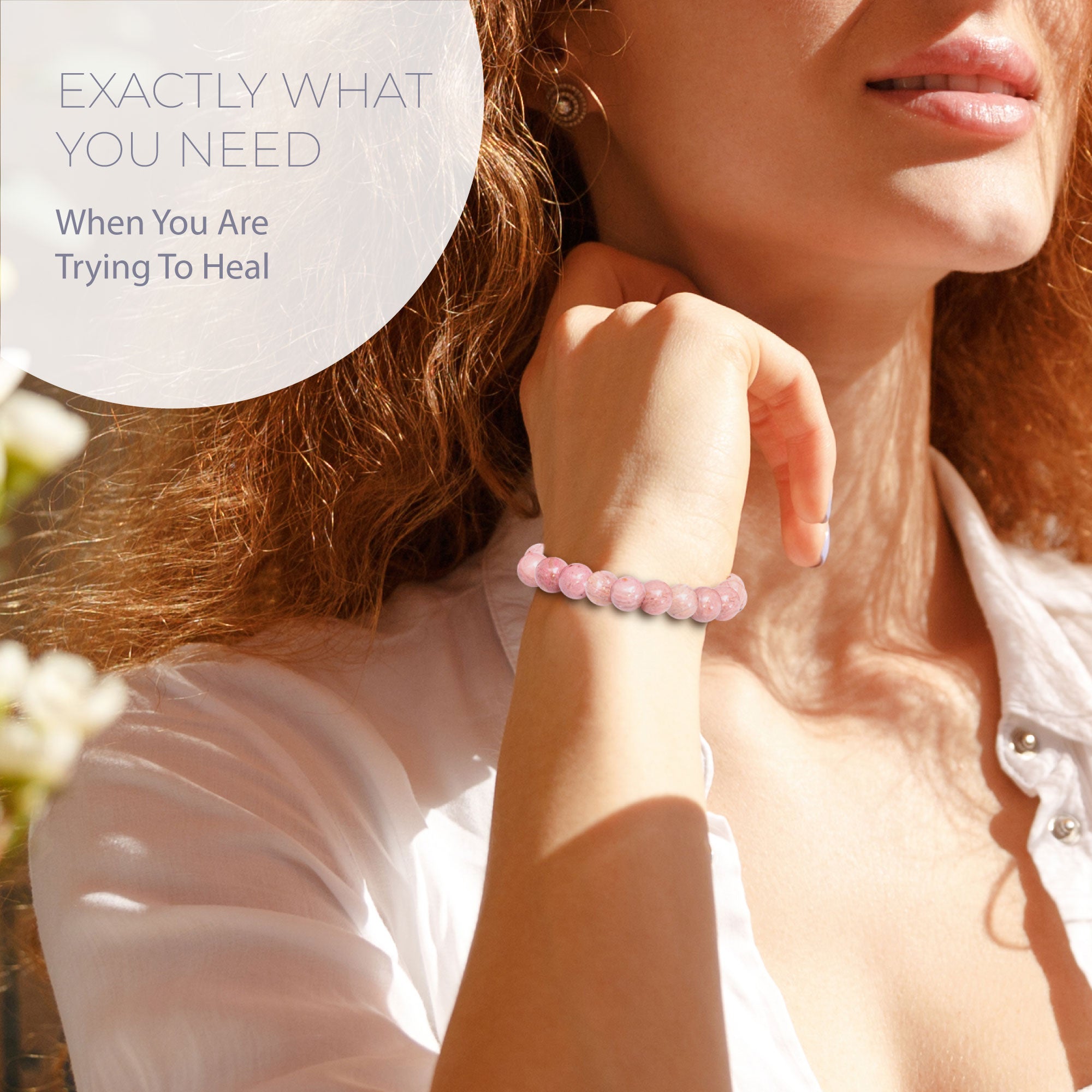 HEALING RHODONITE BEAD BRACELET 8MM