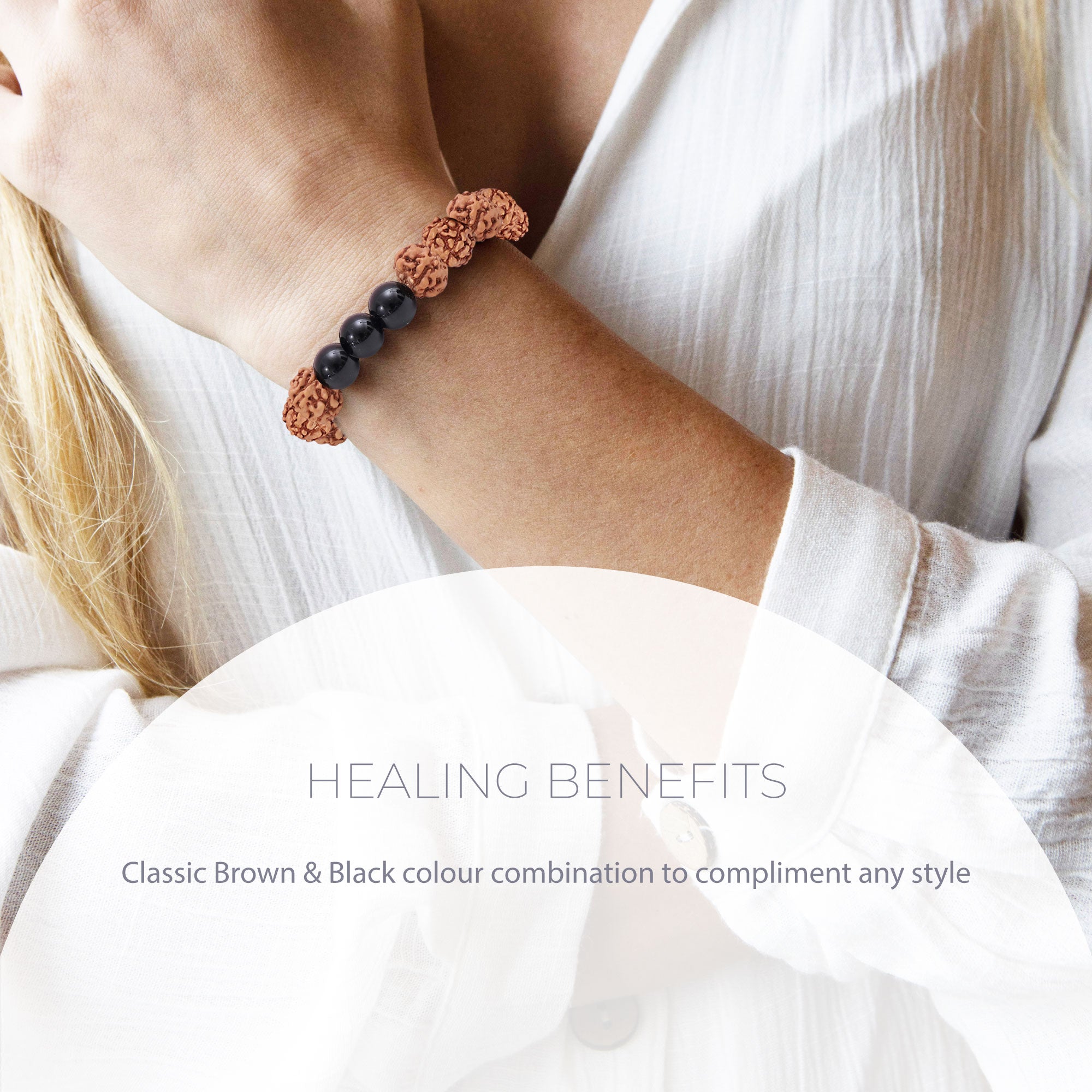 Healing Rudraksha Seed Bead & 3 Black Agate bead bracelet 8mm