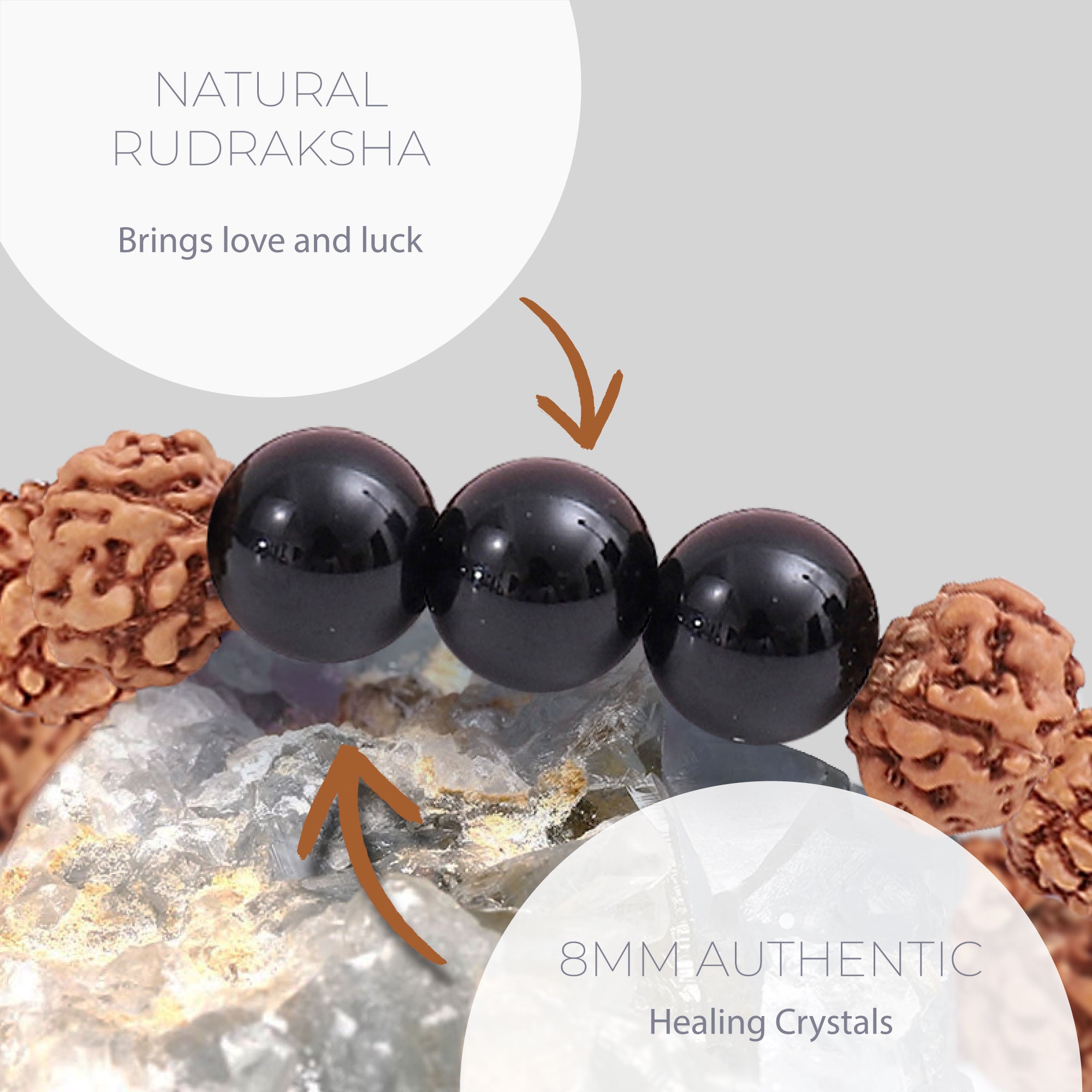 Healing Rudraksha Seed Bead & 3 Black Agate bead bracelet 8mm