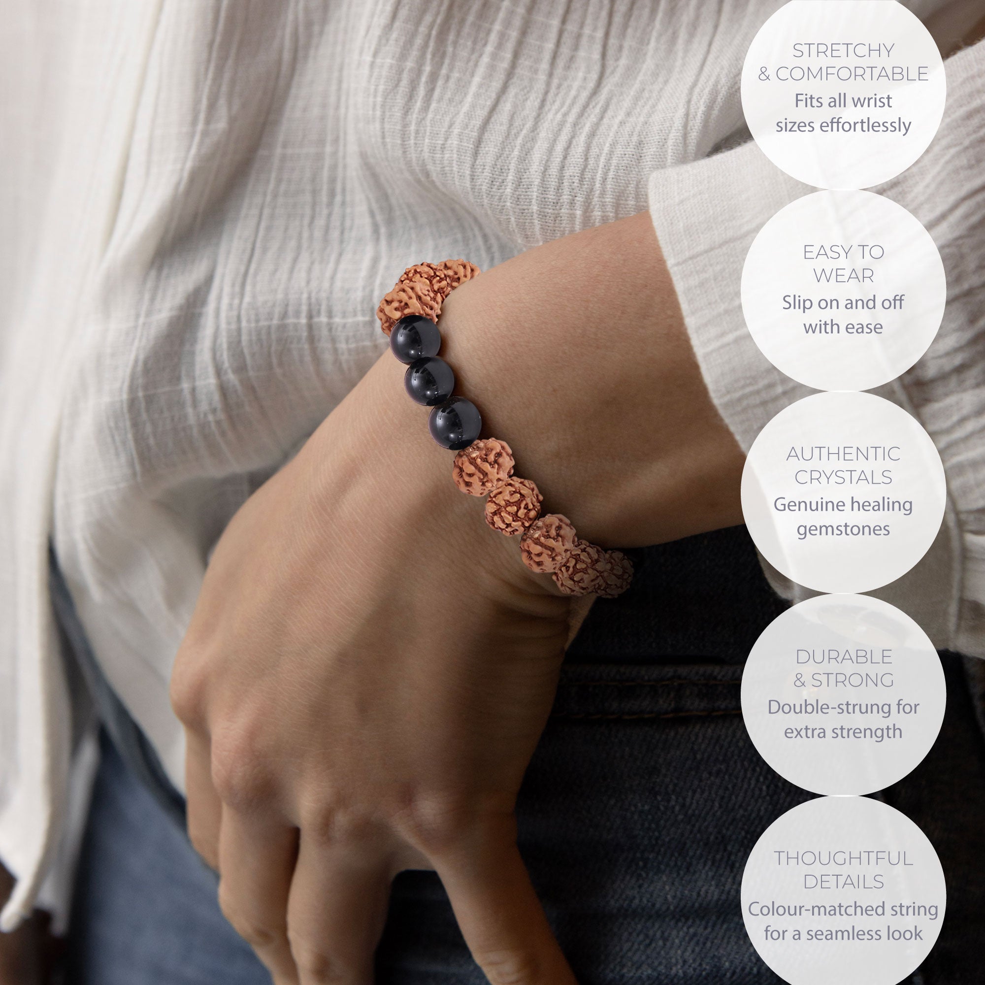 Healing Rudraksha Seed Bead & 3 Black Agate bead bracelet 8mm