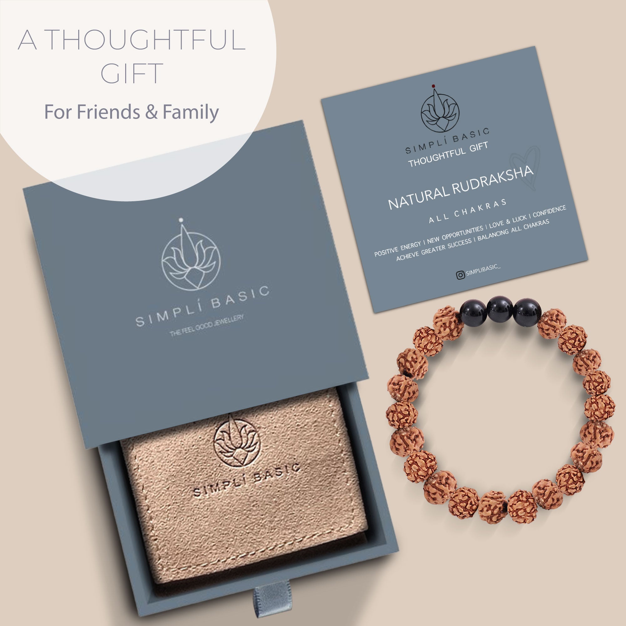 Healing Rudraksha Seed Bead & 3 Black Agate bead bracelet 8mm