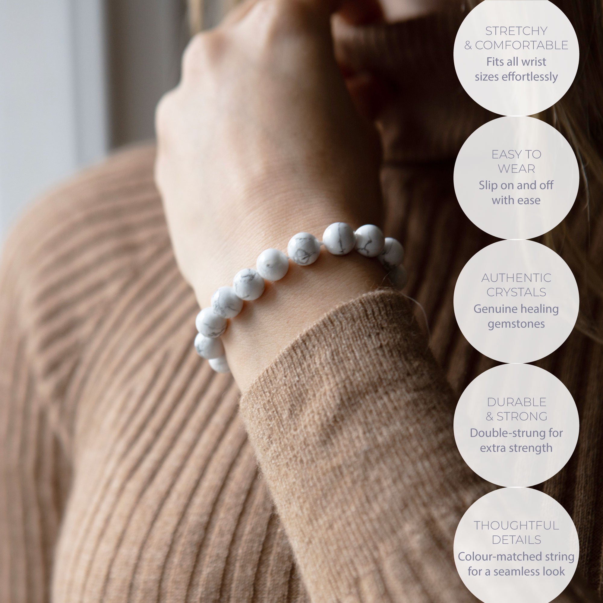 HEALING WHITE HOWLITE BEAD BRACELET 8MM