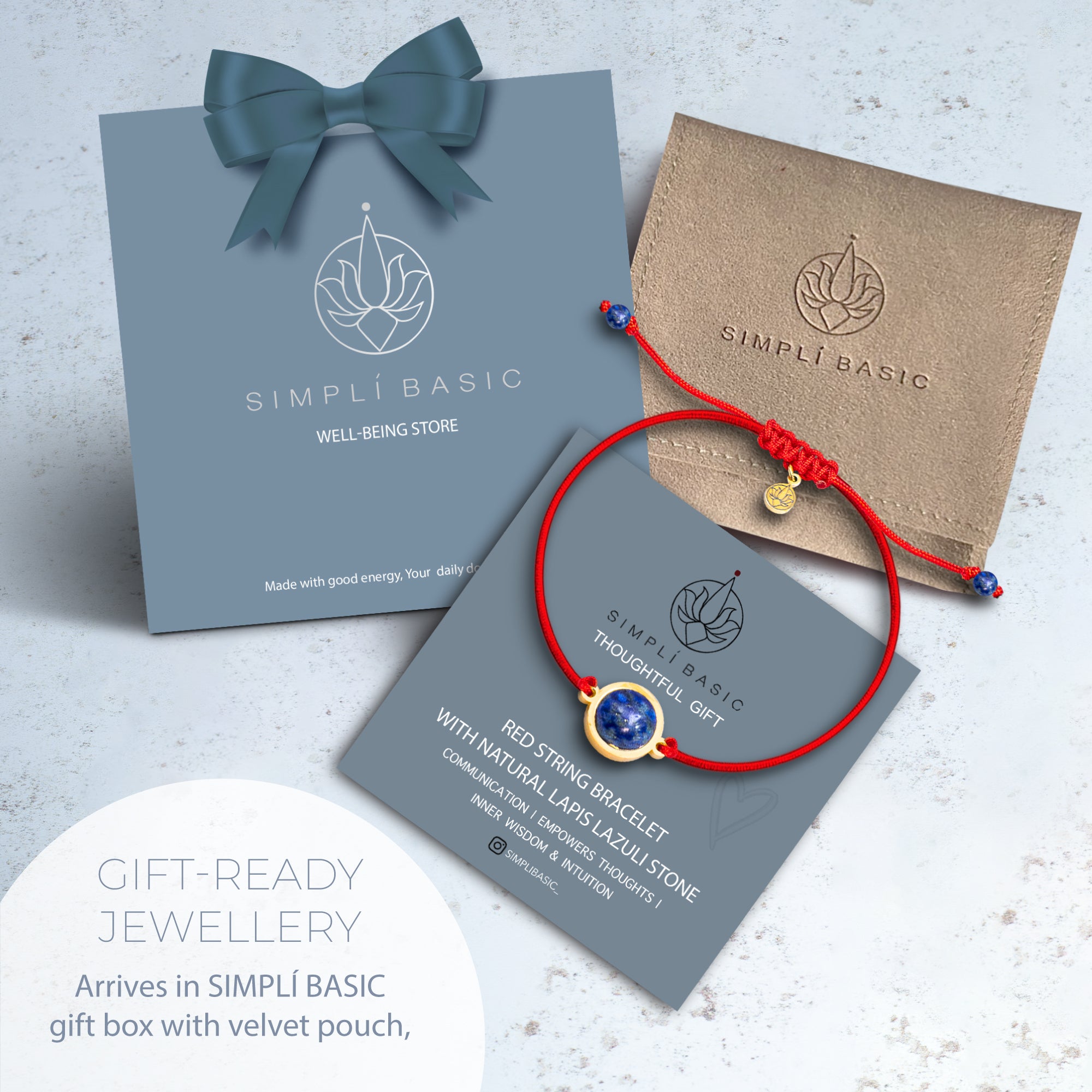 NATURAL LAPIS LAZULI & RED STRING BRACELET – ADJUSTABLE SOFT CORD