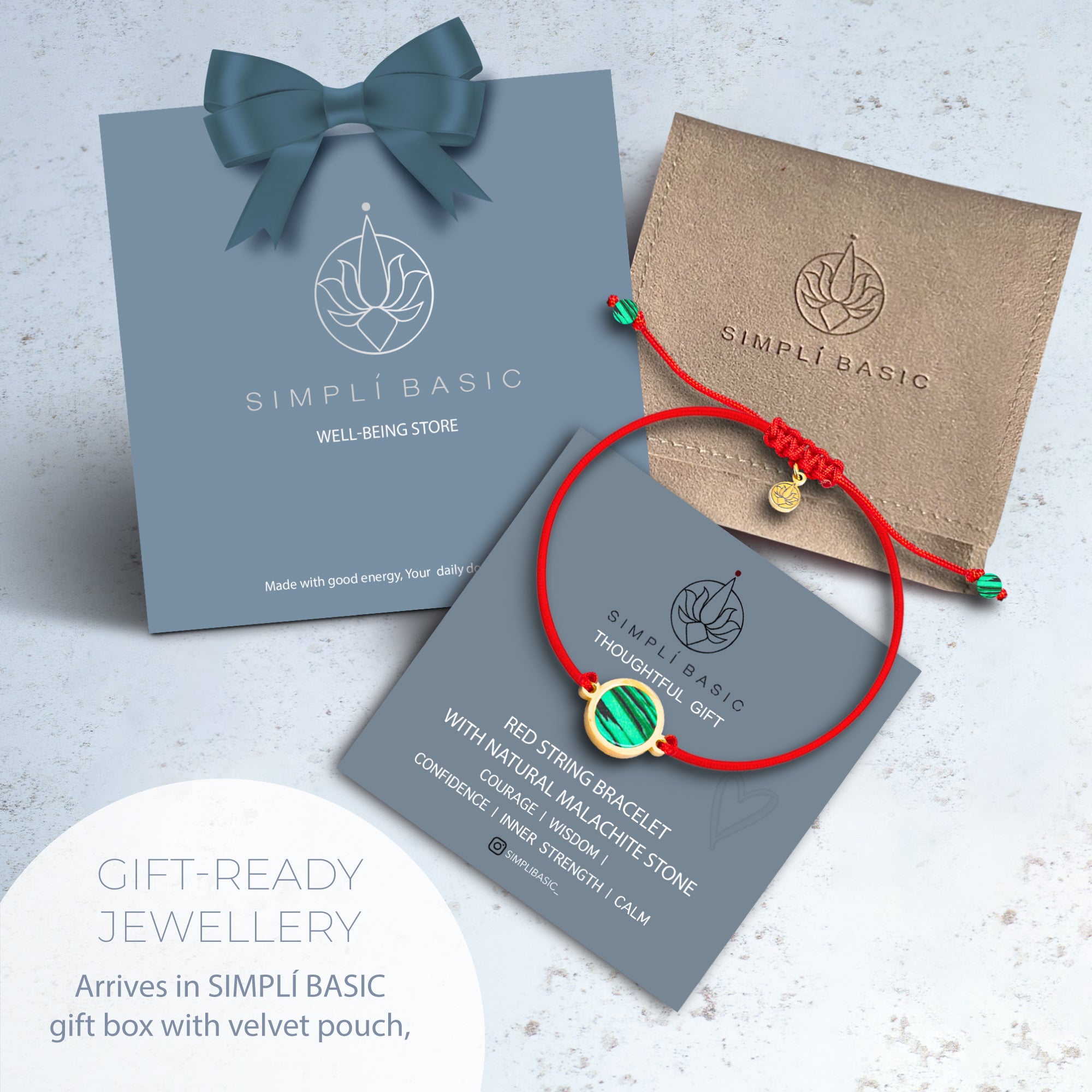 NATURAL MALACHITE & RED STRING BRACELET – ADJUSTABLE SOFT CORD