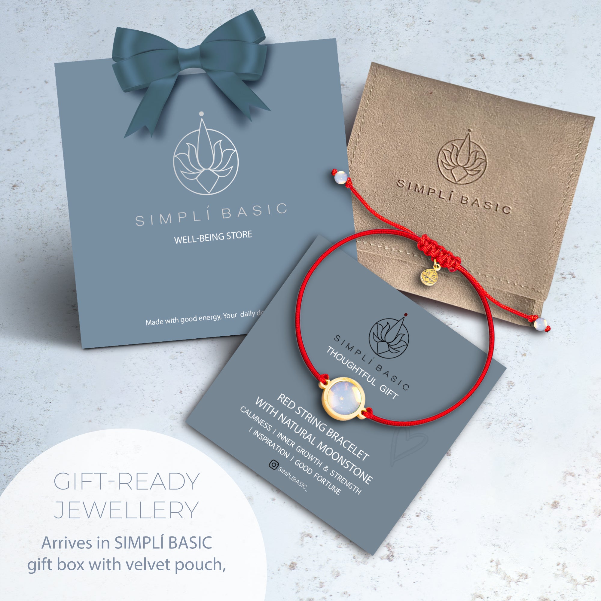 NATURAL MOONSTONE & RED STRING BRACELET – ADJUSTABLE SOFT CORD