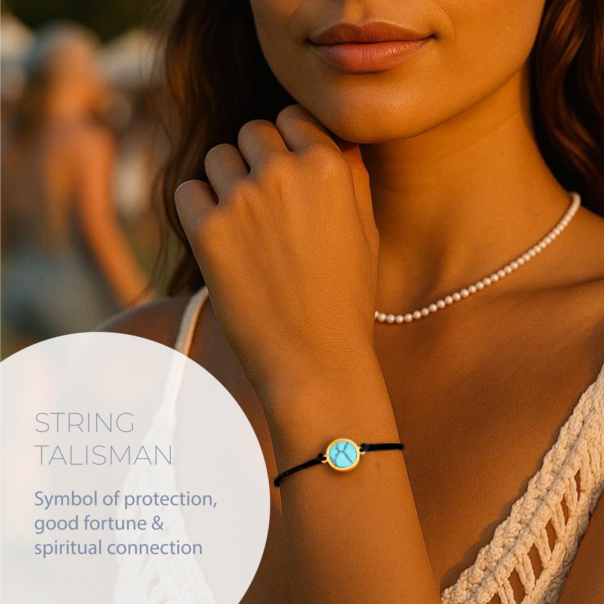 NATURAL TURQUOISE STONE STRING BRACELET – ADJUSTABLE BLACK SOFT CORD