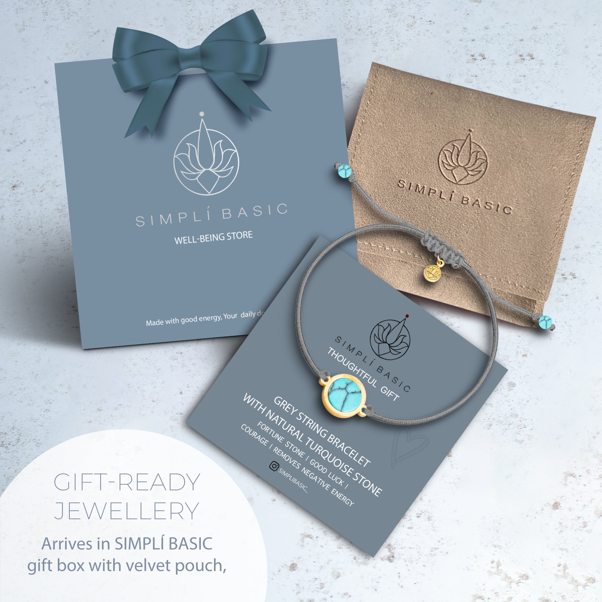 NATURAL TURQUOISE STONE STRING BRACELET – ADJUSTABLE BLACK SOFT CORD