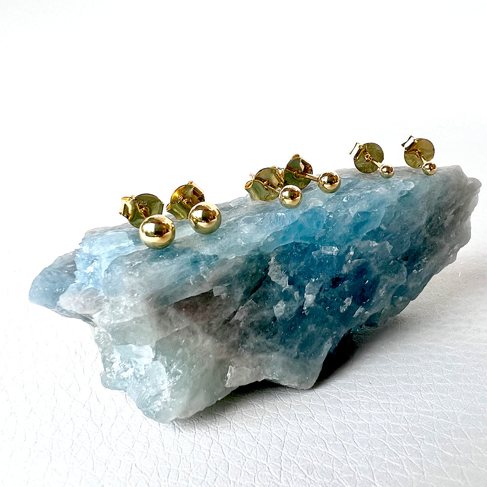 Round Ball Set of 3 Pairs Sterling Silver Studs 14K Gold