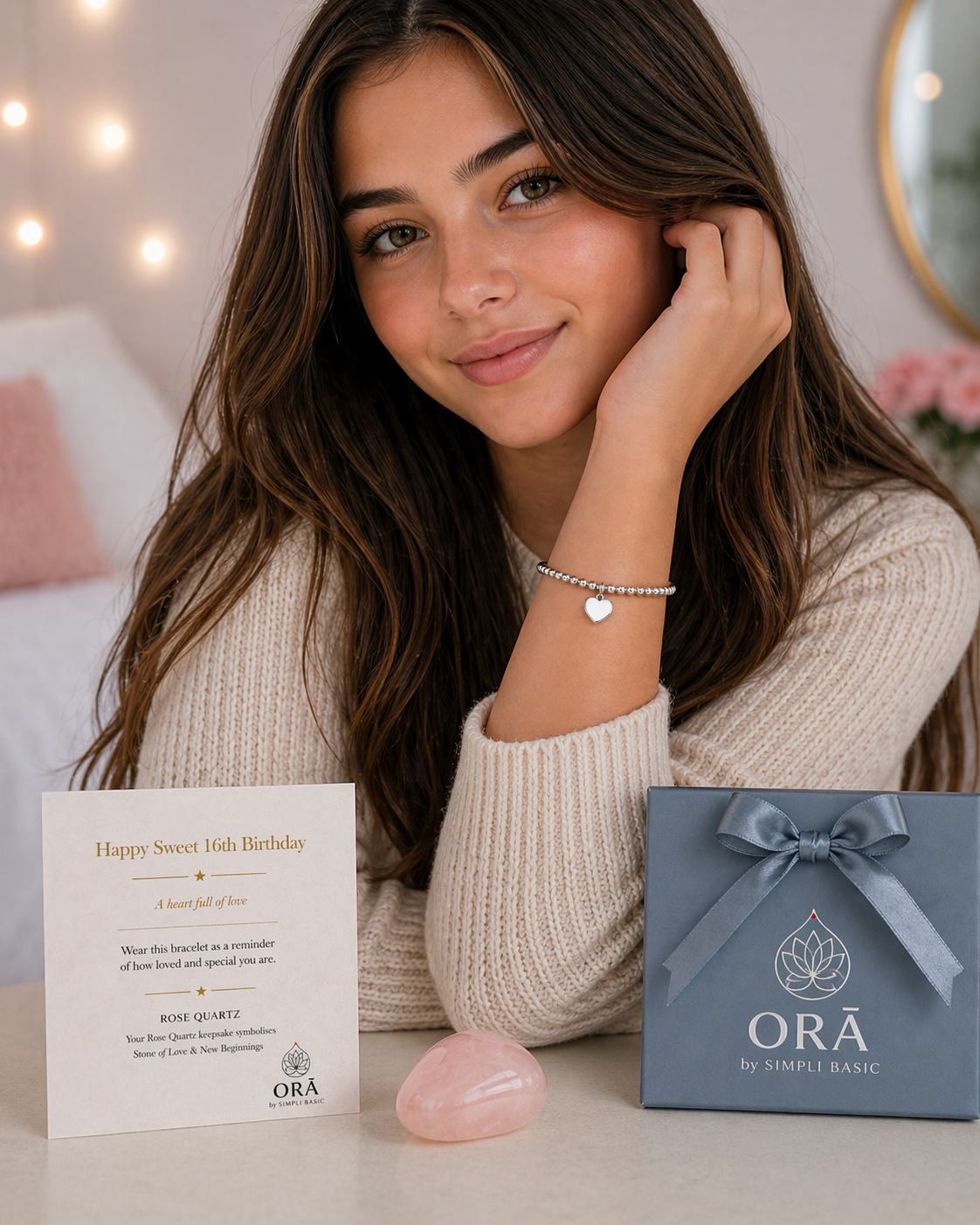 Sweet 16  Birthday Bracelet for Girls – Rose Quartz Charm Stainless Steel Bracelet