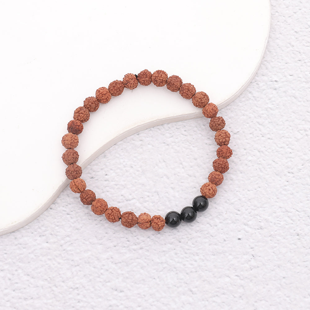 Healing Rudraksha Seed Bead & 3 Black Agate bead bracelet 6mm