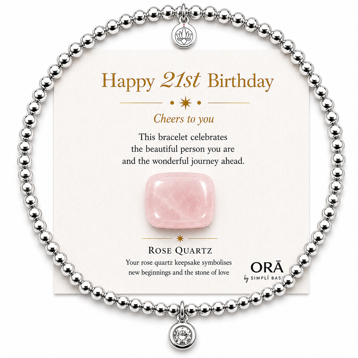 ORĀ 21st Birthday Charm Bead Bracelet with Rose Quartz Keepsake