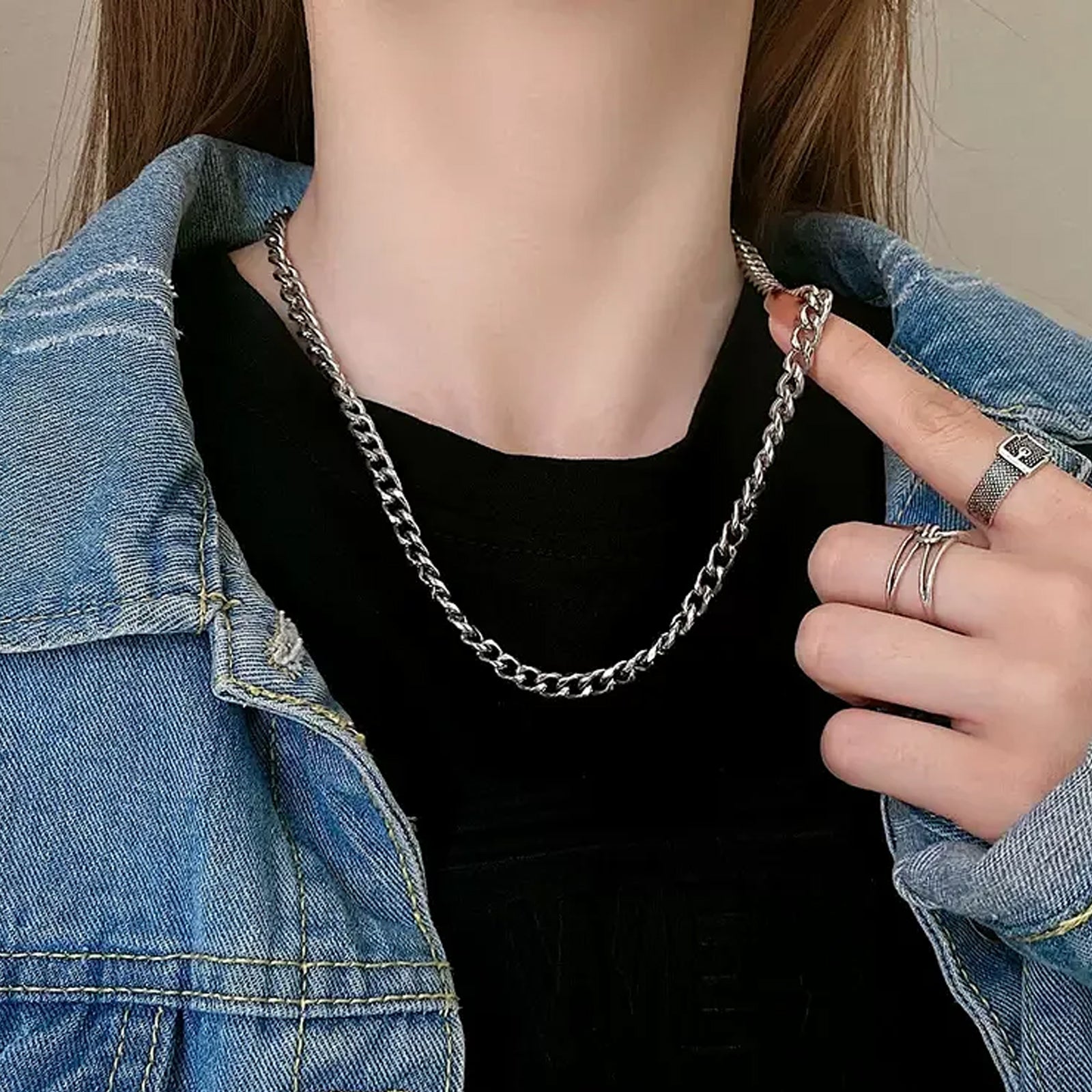 Choker Necklace Flat Curb Chain, Stainless Steel