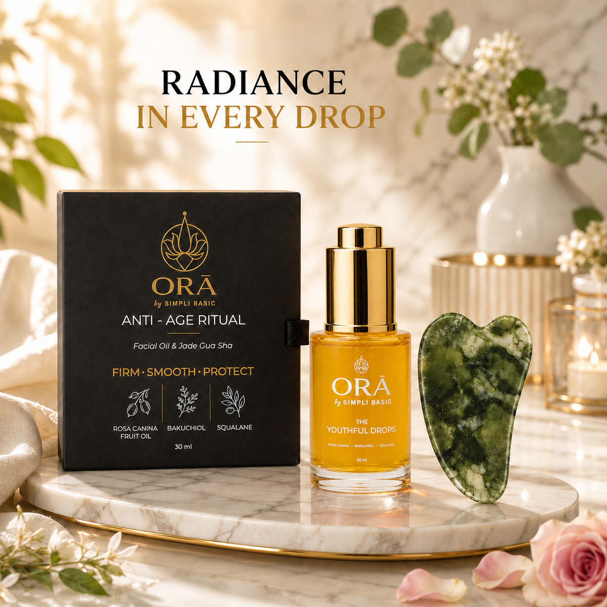The Youthful Drops — Anti-Age Rosehip & Bakuchiol Facial Oil + Jade Gua Sha