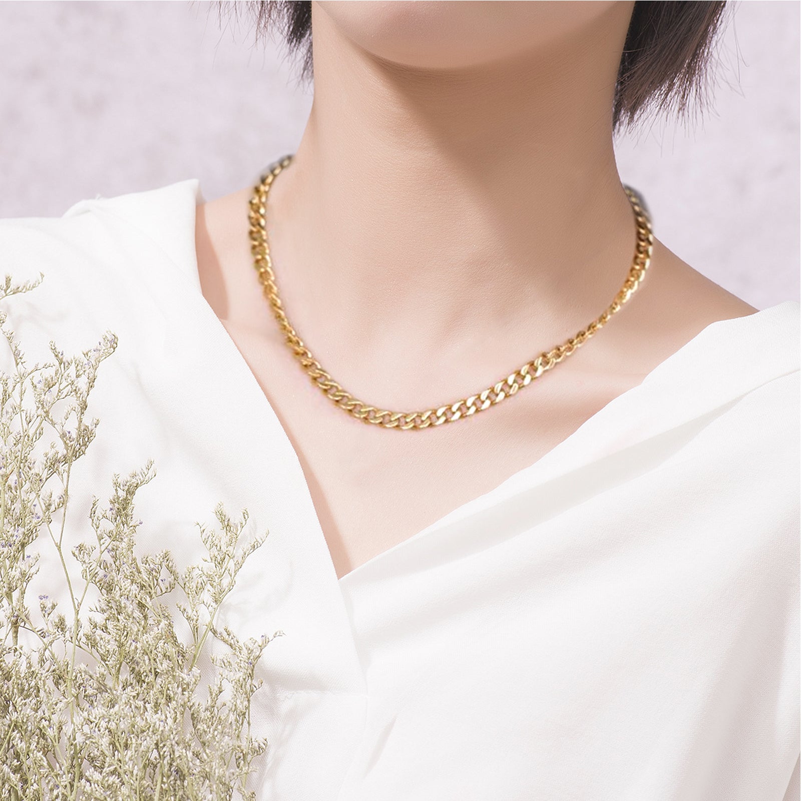 Choker Necklace Flat Curb Chain, Stainless Steel 18K Gold