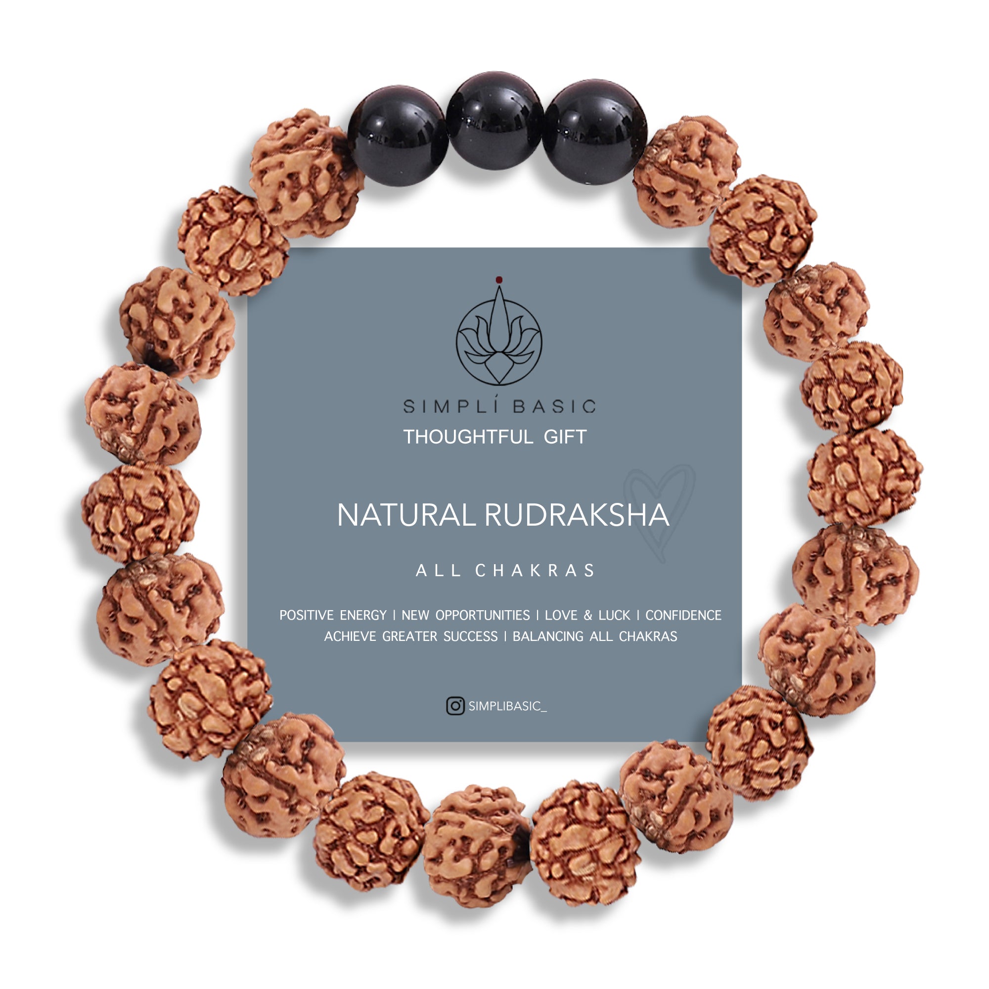 Healing Rudraksha Seed Bead & 3 Black Agate bead bracelet 8mm