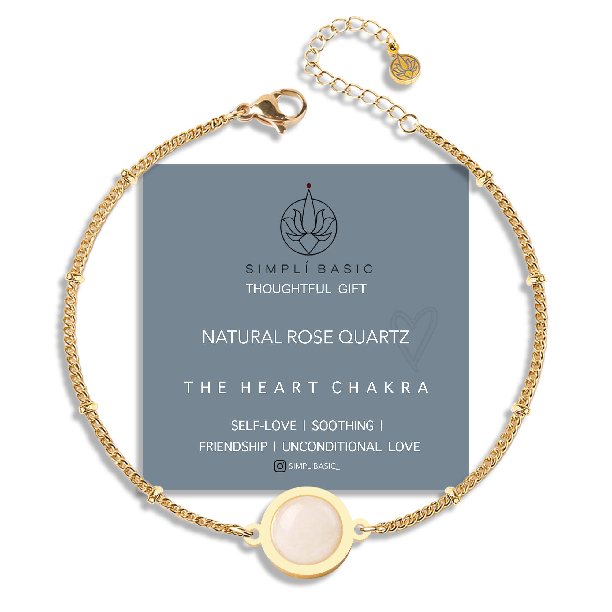 NATURAL ROSE QUARTZ 18K GOLD PLATED STAINLESS STEEL CHAIN BRACELET