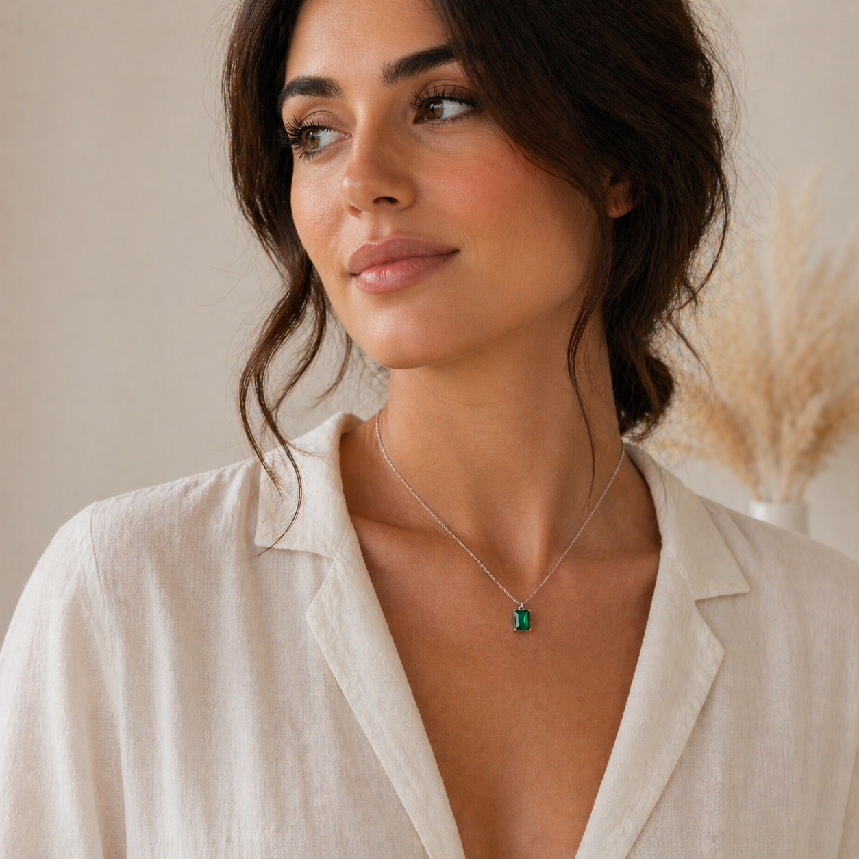 Green Emerald Cut Necklace Silver