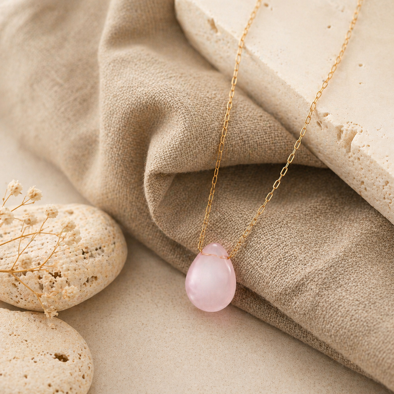 ROSE QUARTZ FLOATING STONE 18K GOLD PLATED CHAIN NECKLACE