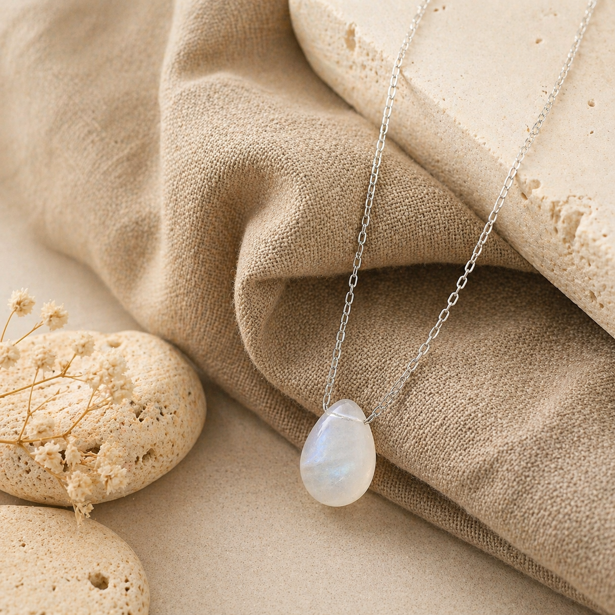 MOONSTONE FLOATING STONE SILVER CHAIN NECKLACE