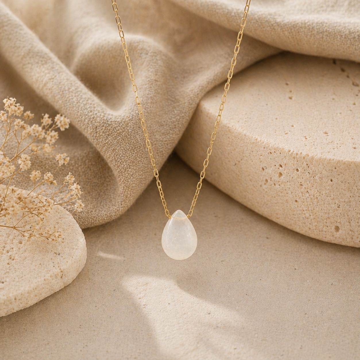 NATURAL MOONSTONE TEARDROP 18K GOLD PLATED CHAIN NECKLACE