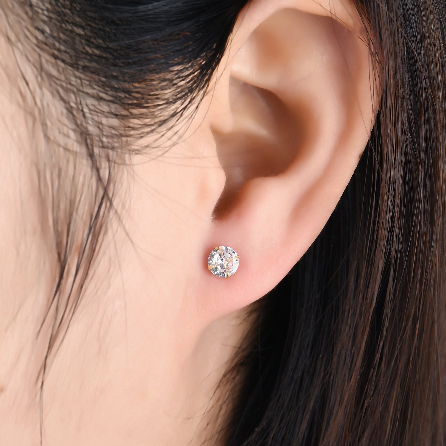 Round Cut Cubic Zirconia Set of 3 Pairs Sterling Silver Studs 14K Gold