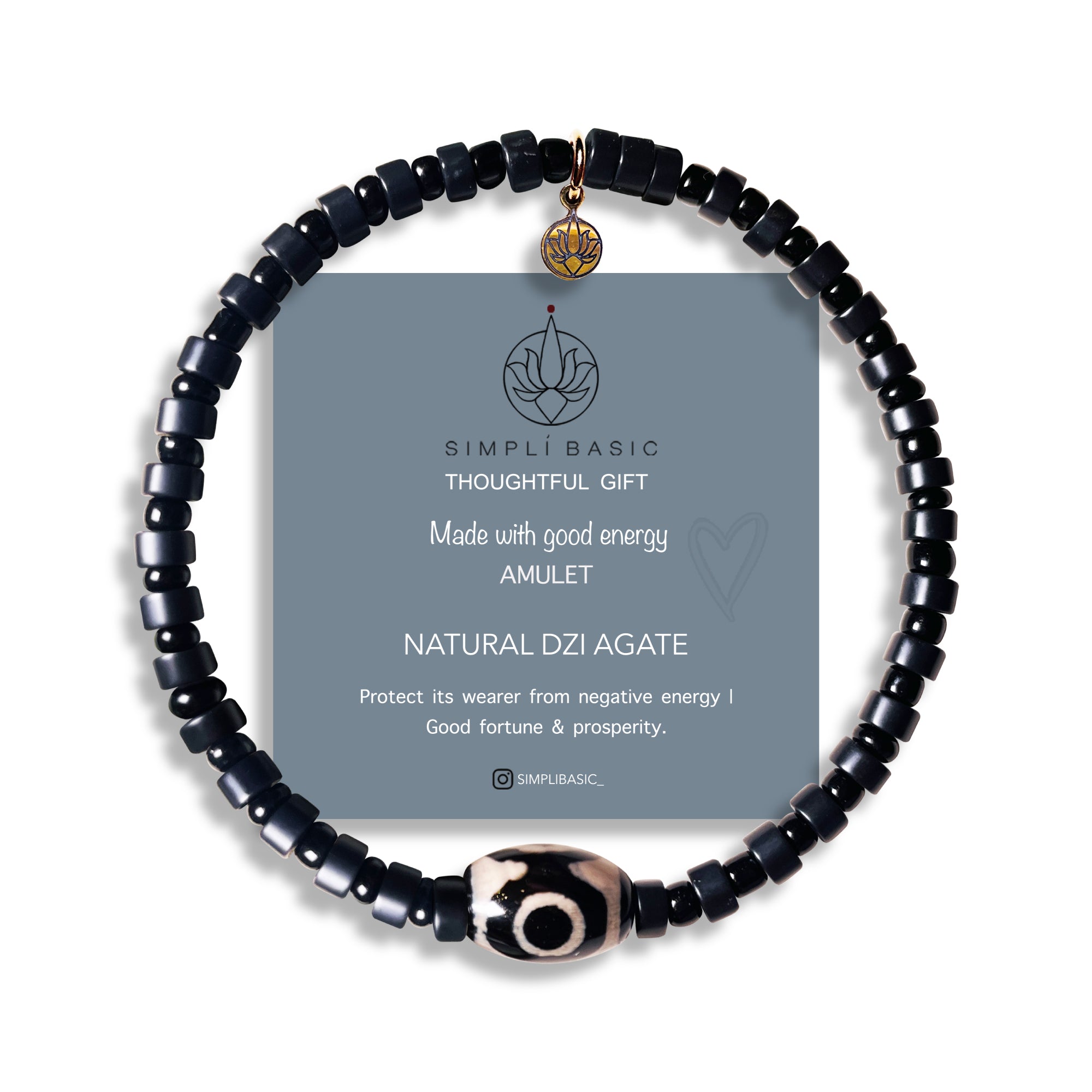 Black Agate & Seed Bead Three Eye Dzi Bead Bracelet