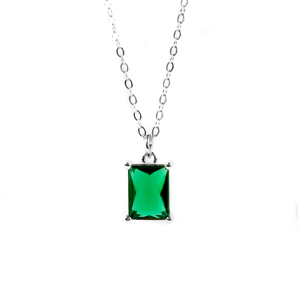 Green Emerald Cut Necklace Silver