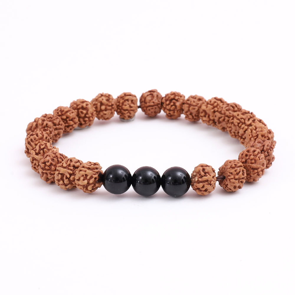 Healing Rudraksha Seed Bead & 3 Black Agate bead bracelet 8mm