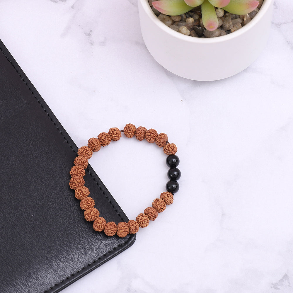Healing Rudraksha Seed Bead & 3 Black Agate bead bracelet 8mm