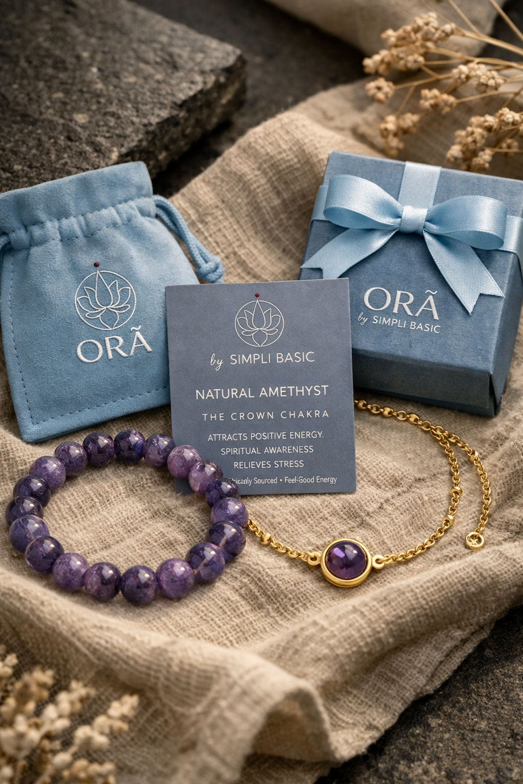 Healing Amethyst Bead Bracelet & 18k Gold Chain Bracelet Set