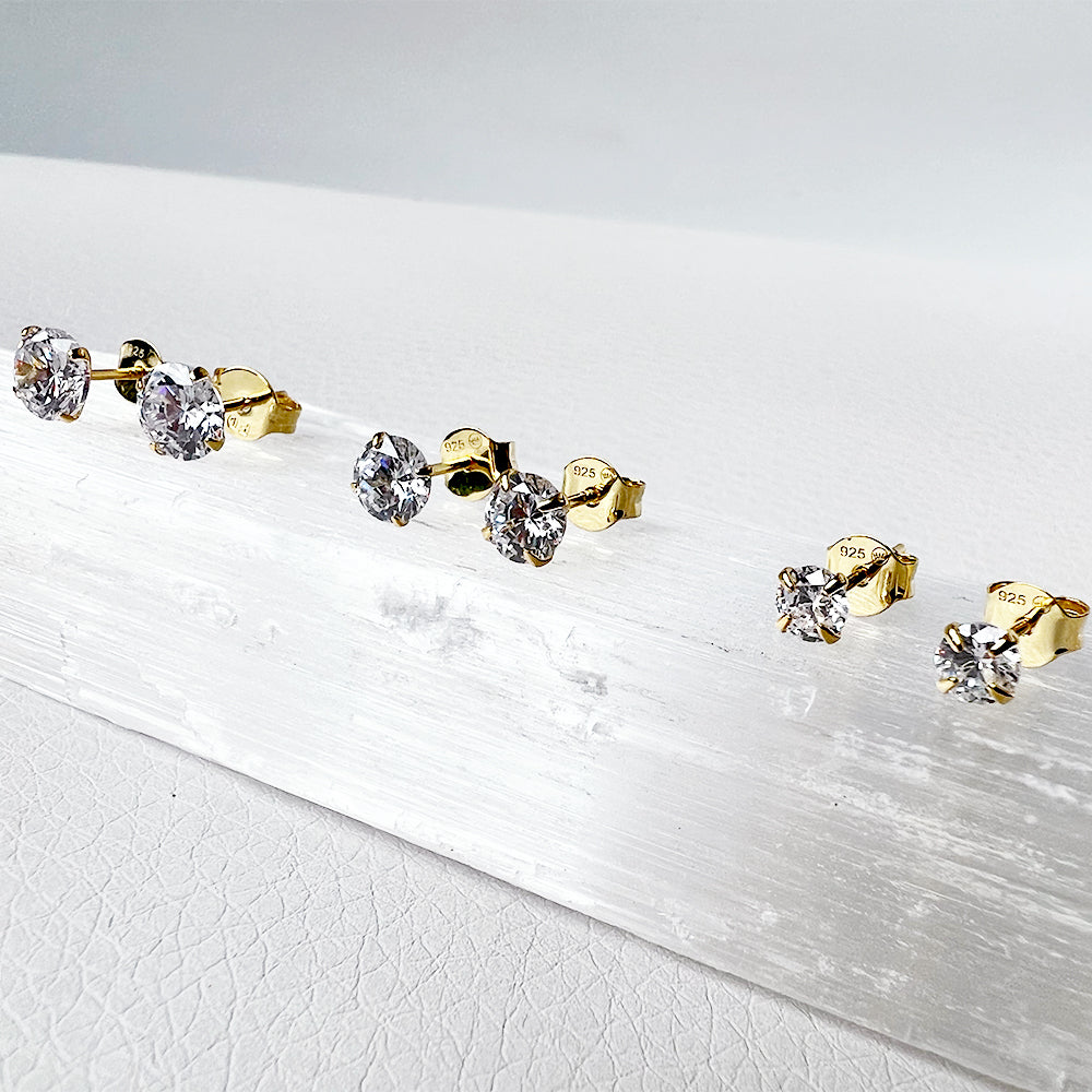 Round Cut Cubic Zirconia Set of 3 Pairs Sterling Silver Studs 14K Gold