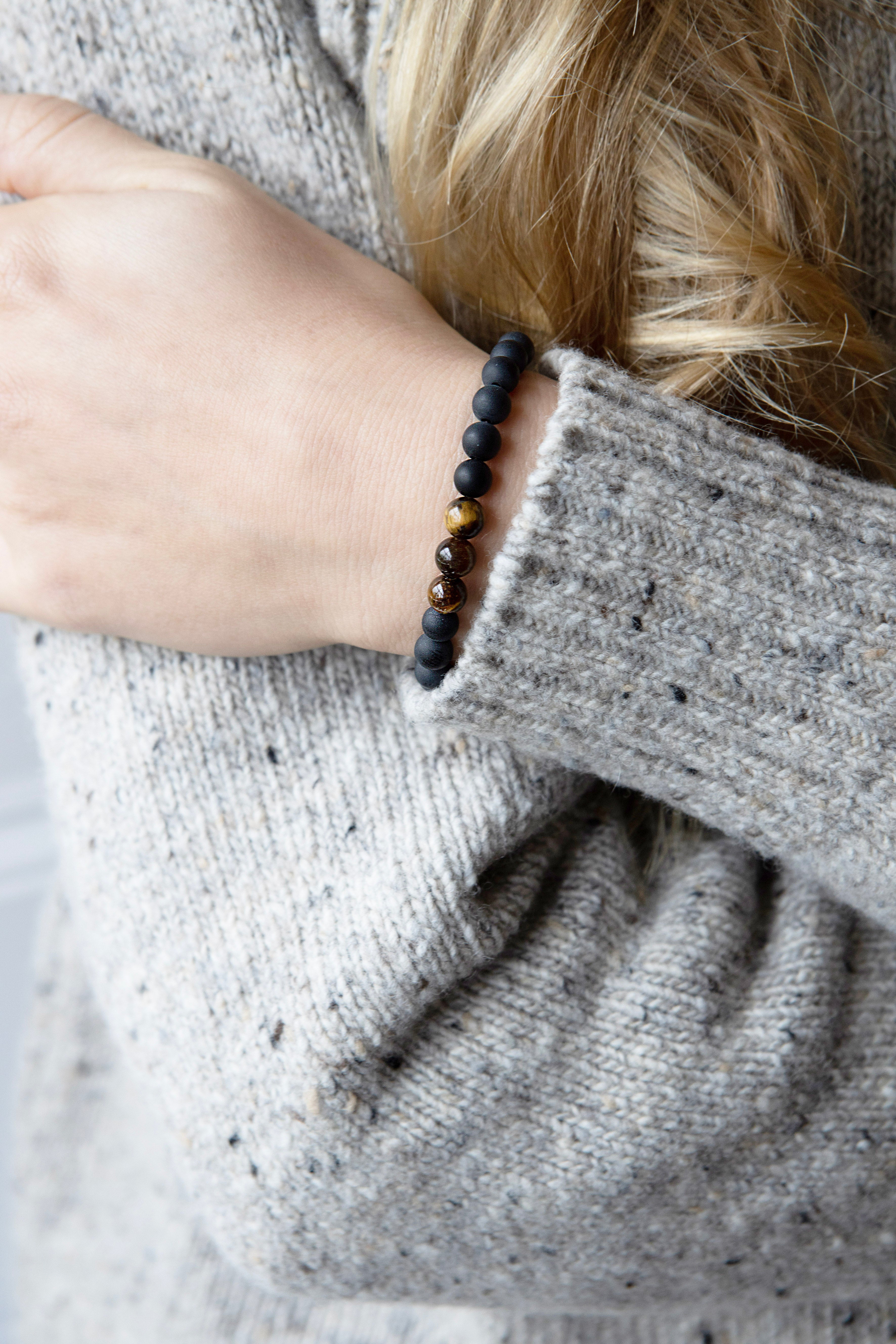 Healing Matte Onyx & 3 Tiger Eye bead bracelet 6mm