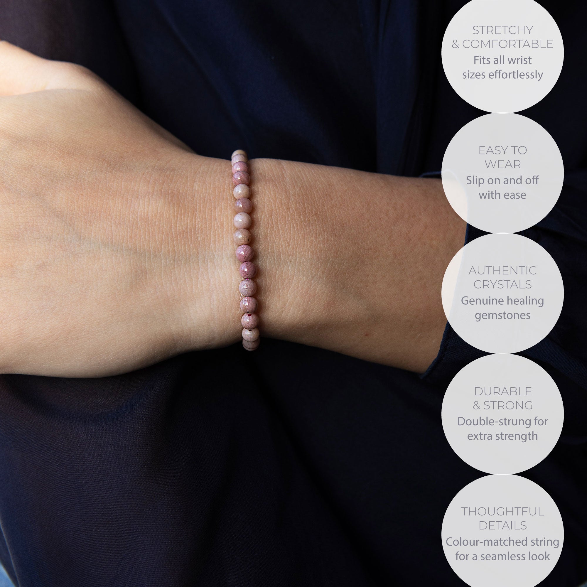 HEALING RHODONITE BEAD BRACELET 4MM