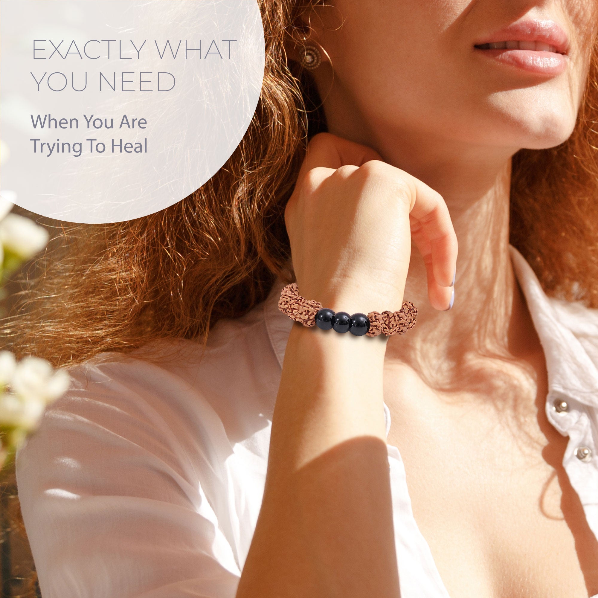 Healing Rudraksha Seed Bead & 3 Black Agate bead bracelet 8mm