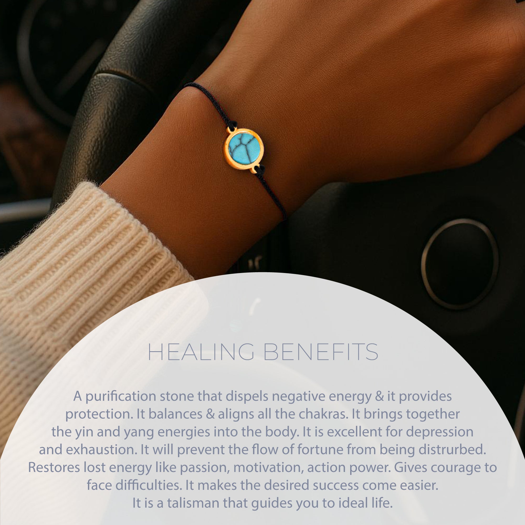 NATURAL TURQUOISE STONE STRING BRACELET â€“ ADJUSTABLE BLACK SOFT CORD