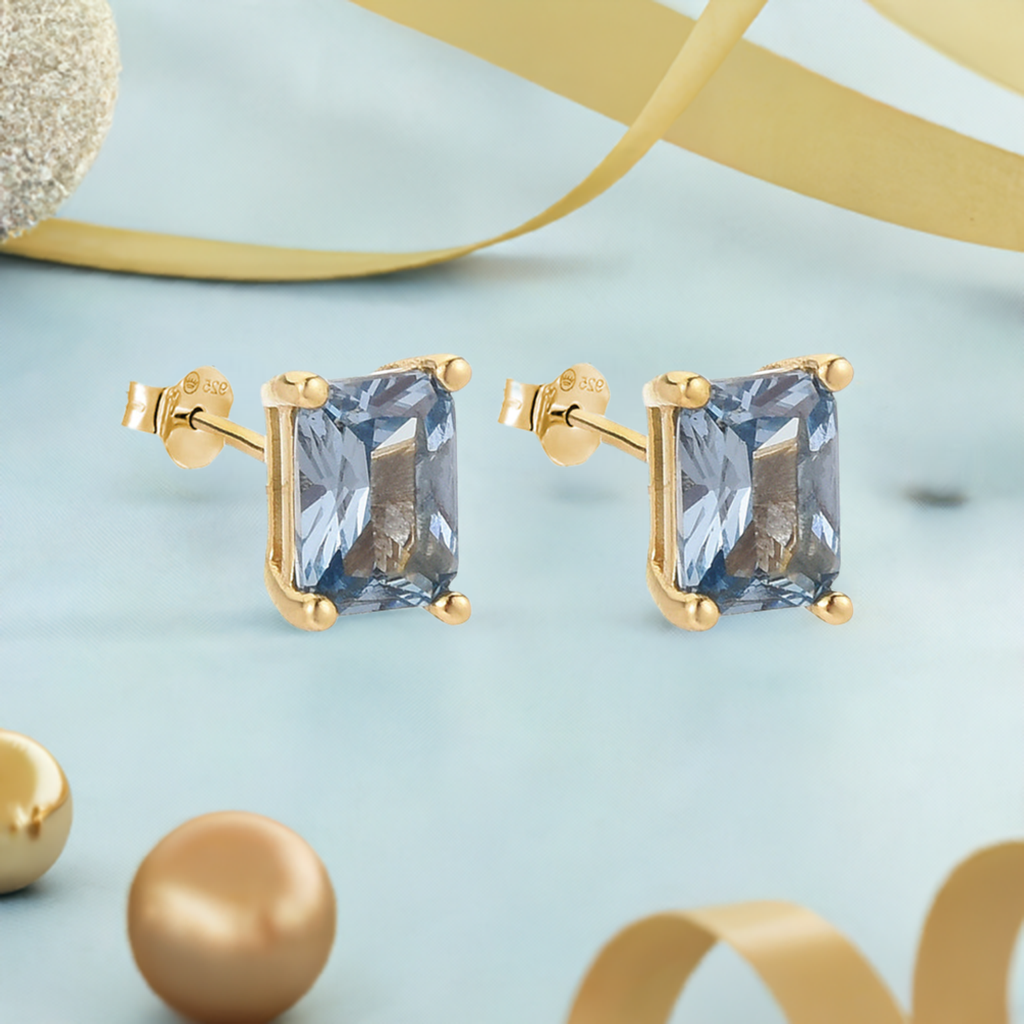 Aquamarine Emerald Cut Stud 14k Gold plated