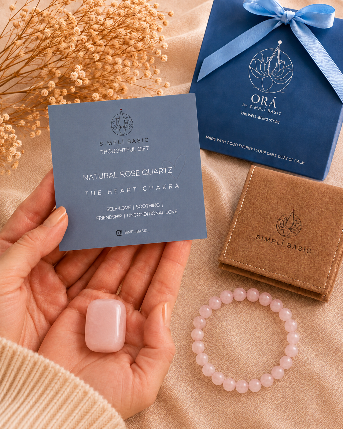 HEALING ROSE QUARTZ BEAD BRACELET & KEEPSAKE STONE